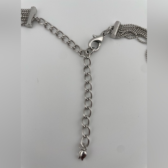 Modern Silver Mesh Lariat Necklace Rhinestone Loop Long Tassel Drop - Picture 9 of 11